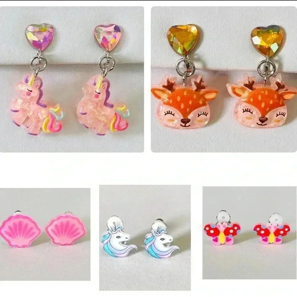 5 Pairs Kids Clip On Fawn Deer Rainbow Unicorn Seashell Butterfly